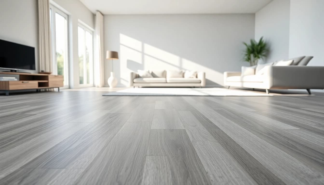 Stylish living space with grey vinyl flooring, highlighting elegance and modern design.