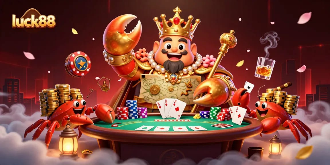 Enjoy thrilling gameplay at luck88 with a dynamic 3D illustration featuring a golden crab emperor and poker elements.