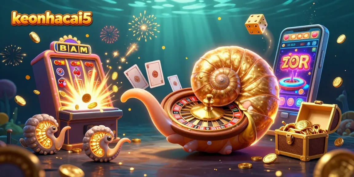 Exciting 3D casino scene showcasing keonhacai5 with a giant nautilus roulette wheel and jackpot effects.