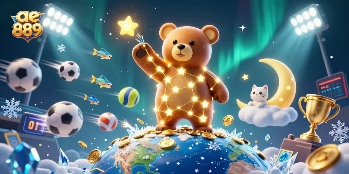 Engage in thrilling gameplay with ae 889 as the constellation bear scoops coins while sports elements fly by.
