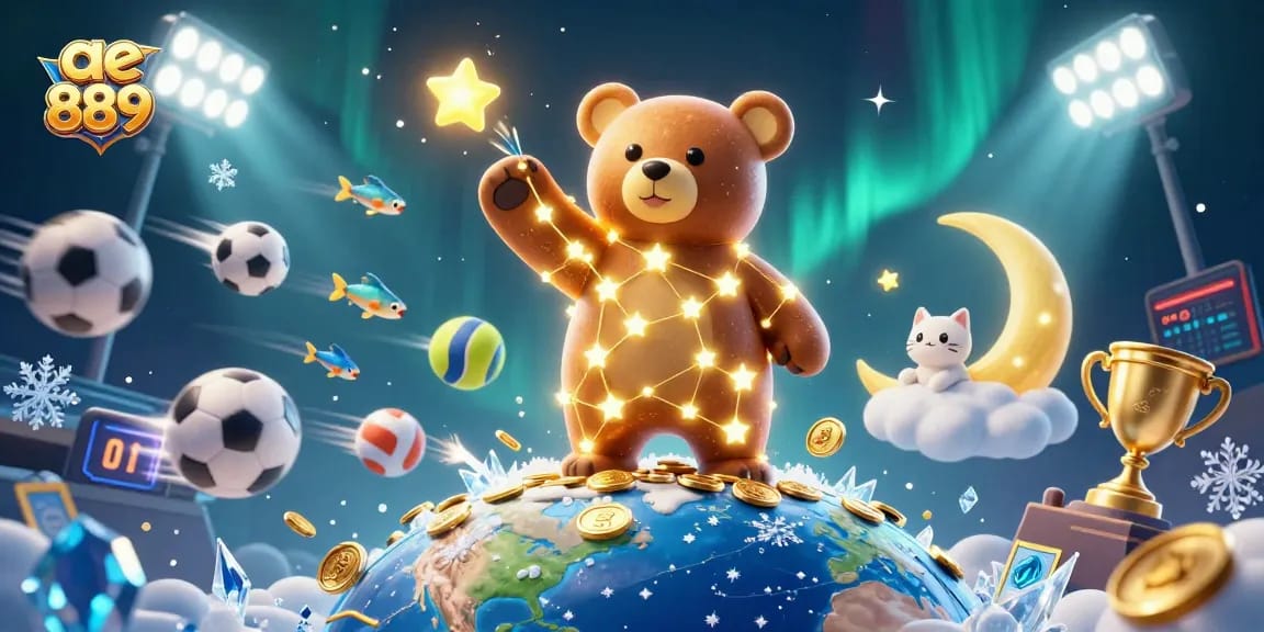 Engage in thrilling gameplay with ae 889 as the constellation bear scoops coins while sports elements fly by.