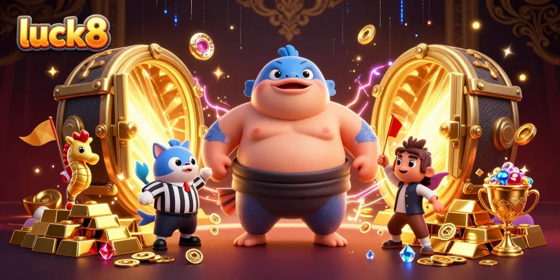 Experience the thrill of luck8 casino with an energetic underwater scene featuring a fugu in a sumo ring.