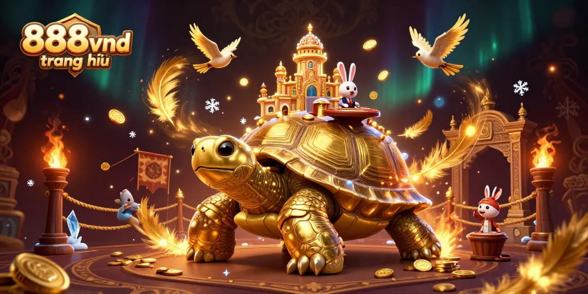 Play games at 888vnd trang chủ, featuring a vibrant casino scene with a golden tortoise and rabbit dealer.