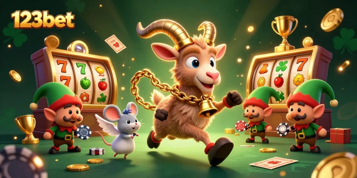 Bet big at 123bet with festive gaming action featuring a Krampus goat and mischievous elves.