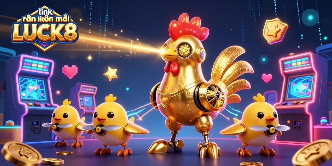 Experience exciting gameplay with link nhận khuyến mãi LUCK8, featuring a vibrant 3D scene of a golden rooster robot and baby chick drones.