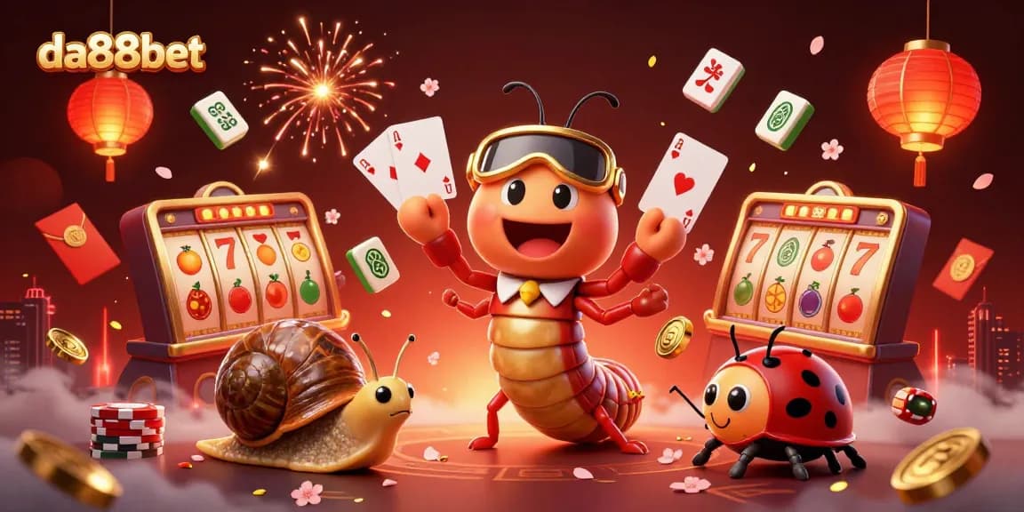 Experience the energy of da88bet with vibrant characters and dynamic casino elements in this detailed illustration.