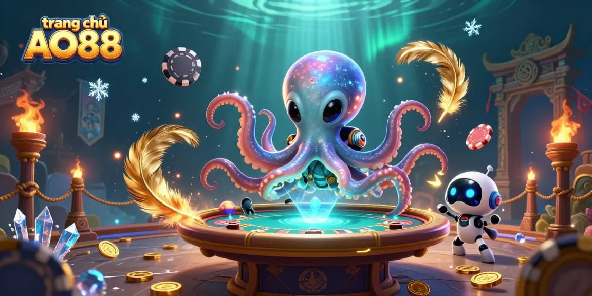 Engage in thrilling poker games at trang chủ AO88 with its interactive 3D illustration showcasing exciting gameplay elements.