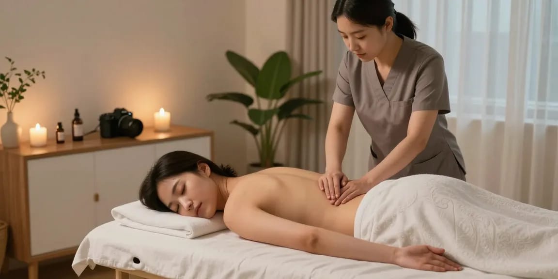 Enjoying a 시흥출장마사지 in a peaceful home setting with calming elements.