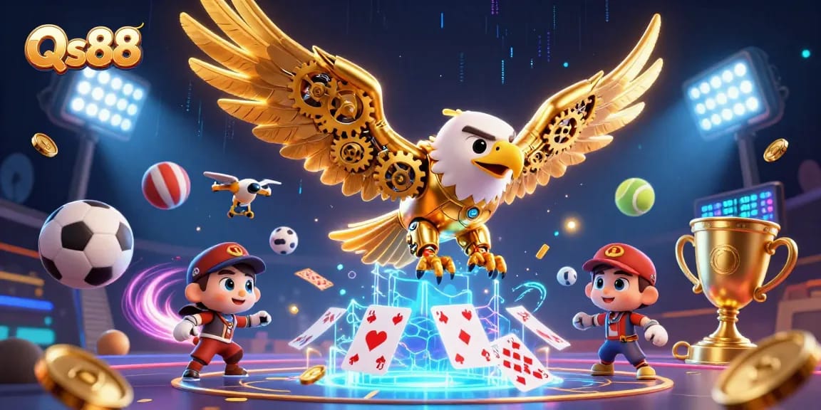 Experience thrilling gameplay with Qs88 as a golden eagle dives through holographic cards.