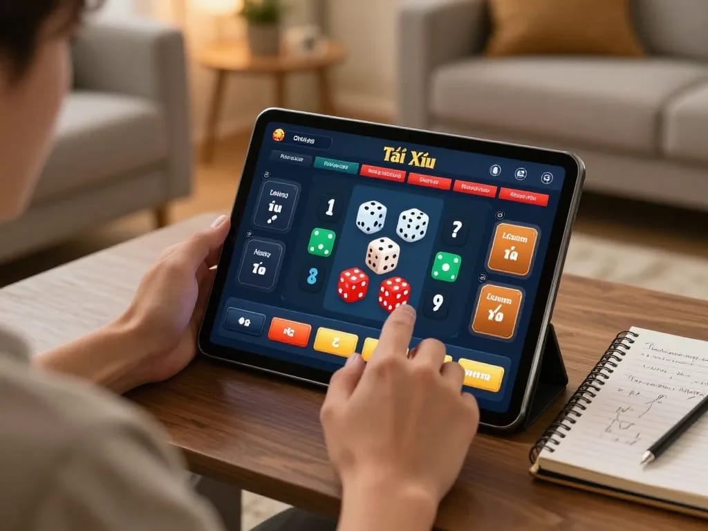 Playing popular and trustworthy app tài xỉu online uy tín on tablet, capturing the excitement of online gambling