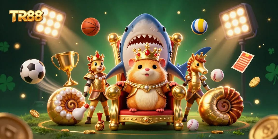 Experience the thrill of TR88 with a dynamic, vibrant 3D casino scene filled with game elements and characters.