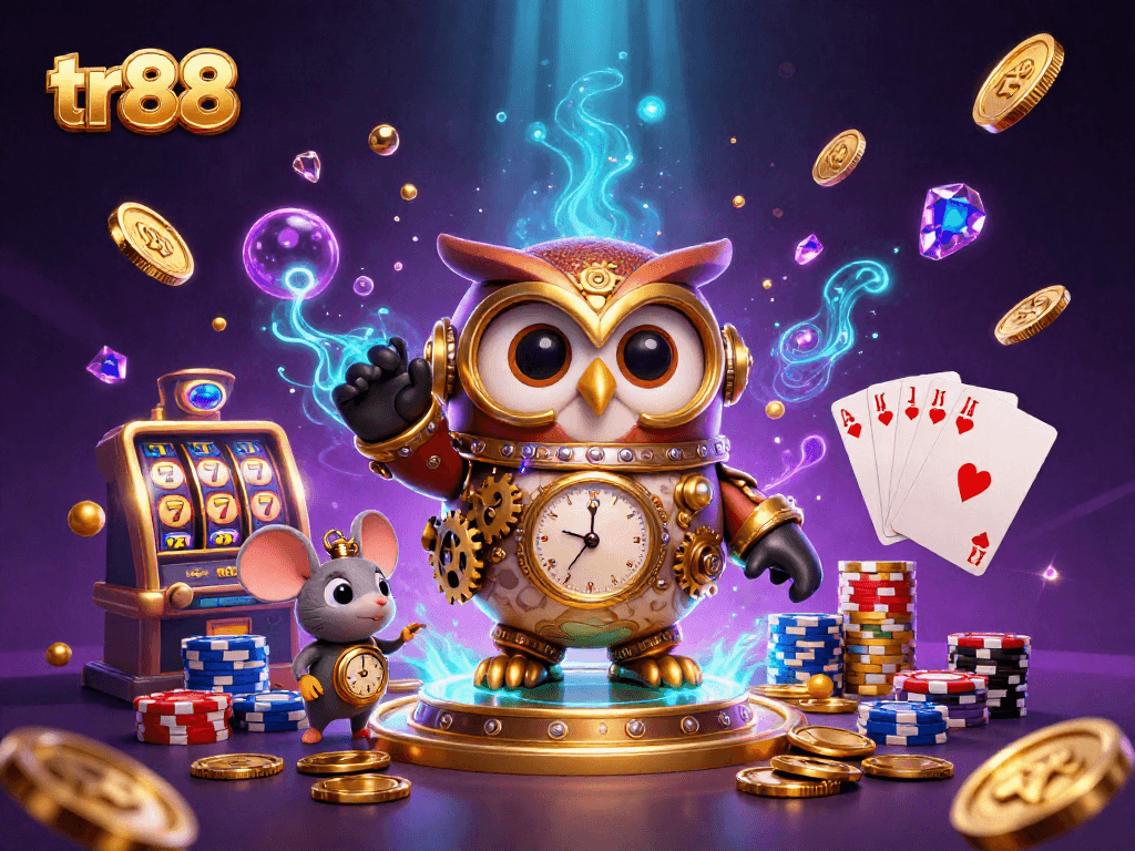 Play with tr88 slots as a time-traveler owl conjures winning spins beneath a vibrant casino atmosphere.