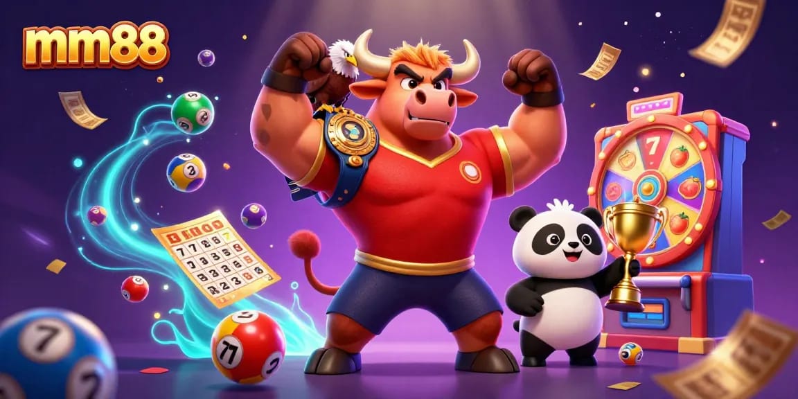 Experience the excitement of mm88 with this vibrant casino-themed illustration featuring dynamic elements and engaging characters.