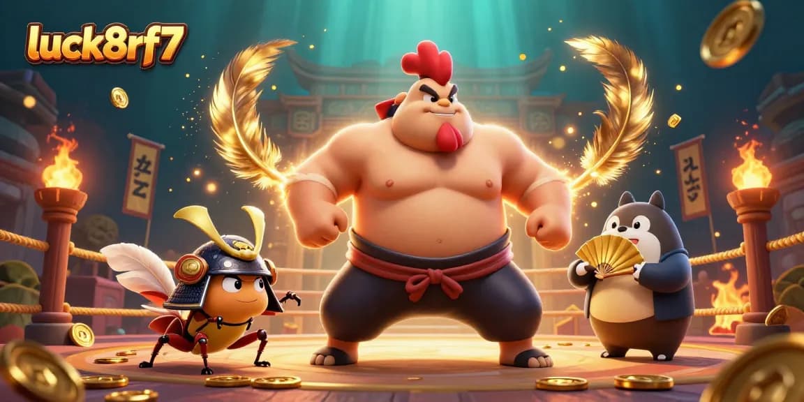 Experience luck8rf7 action with a dynamic casino scene featuring a rooster sumo wrestler and samurai cricket.