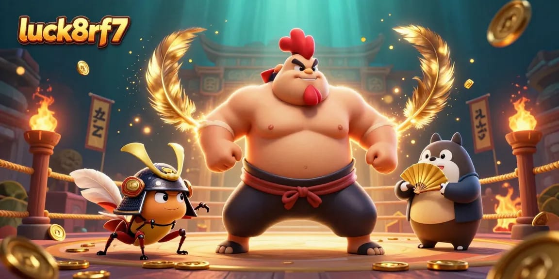 Experience luck8rf7 action with a dynamic casino scene featuring a rooster sumo wrestler and samurai cricket.