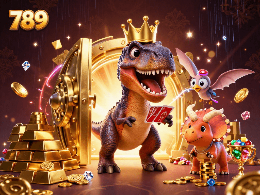 Engage with the thrilling action of 789 as T-Rex prepares for a card game amidst golden treasures.