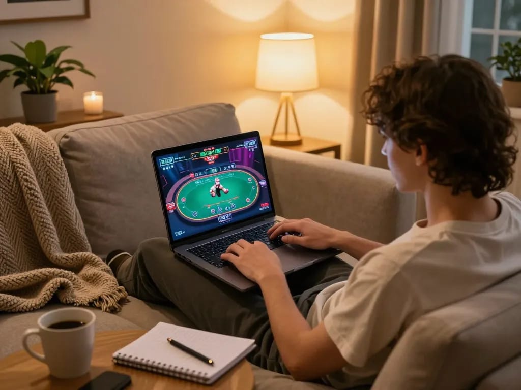Taking a strategic poker game with tg888 on a laptop in a cozy home setting.