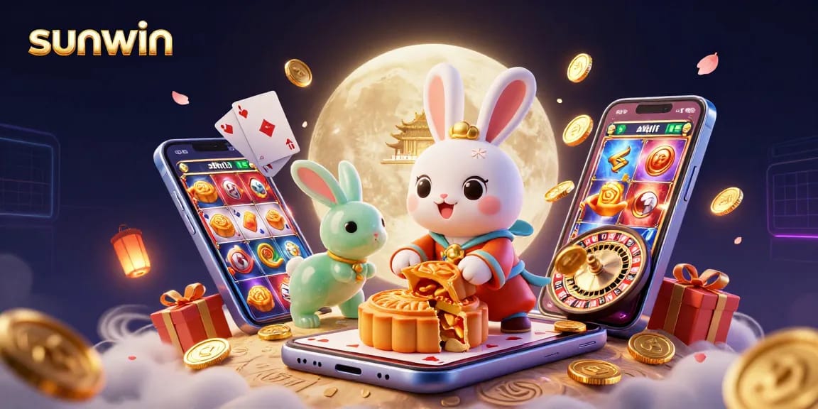 Sunwin's moon rabbit character reveals poker chips while showcasing vibrant casino games.