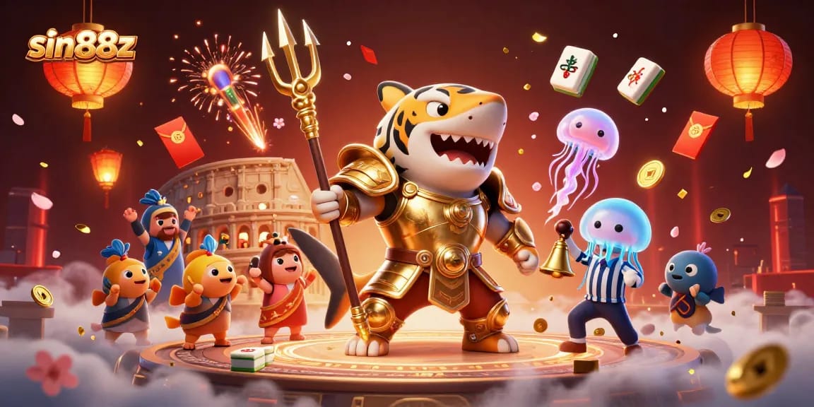 Engage in thrilling sin88z adventures amidst a vibrant underwater scene featuring a shark in gladiator armor.