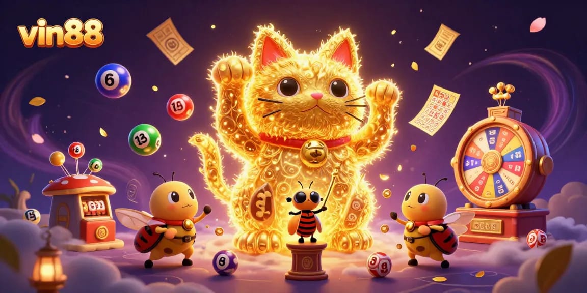 Experience the thrill of vin88's online casino with a vibrant lucky cat and colorful lottery elements!