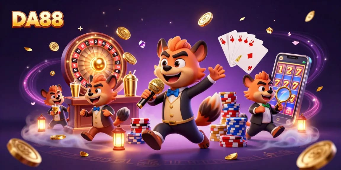 Experience DA88's exciting comedy casino with lively hyenas, sparkling gems, and vibrant gaming elements.