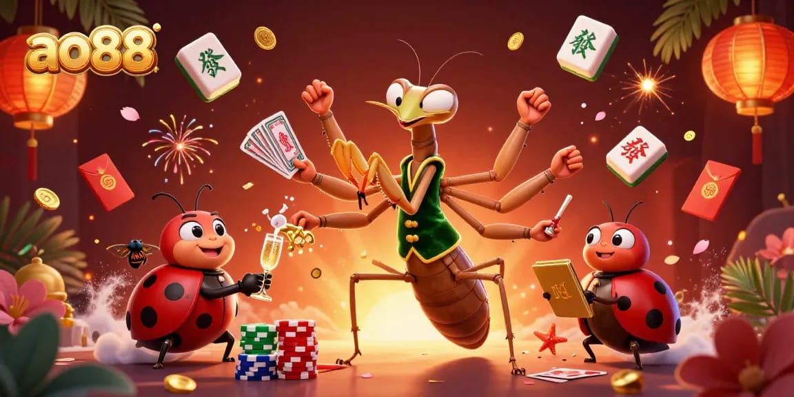 Win big at ao88 with a vibrant casino illustration featuring thrilling card games and lively characters.