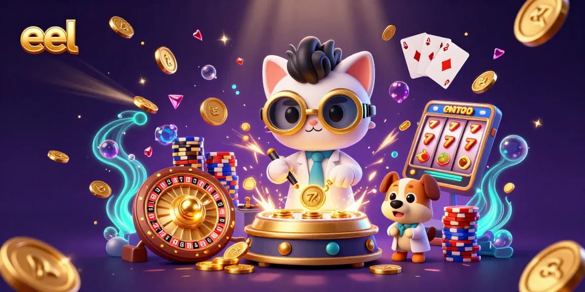 Experience the thrill of gaming with eel, featuring a mad scientist cat and dynamic casino elements.