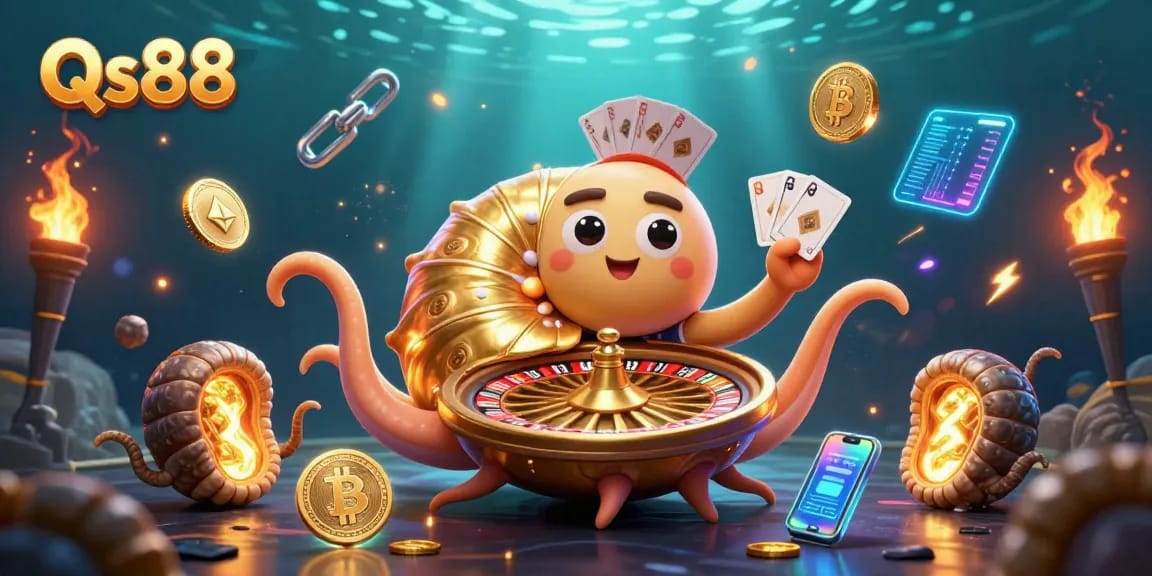 Interact with Qs88 as a giant nautilus and glowing ammonites indulge in casino action with crypto coins.