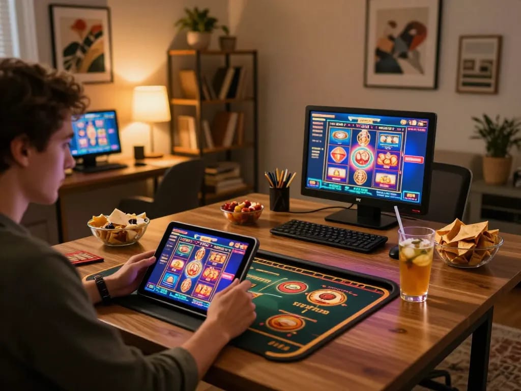 X88 players enjoying immersive online casino gaming experience with vibrant graphics and cozy atmosphere.