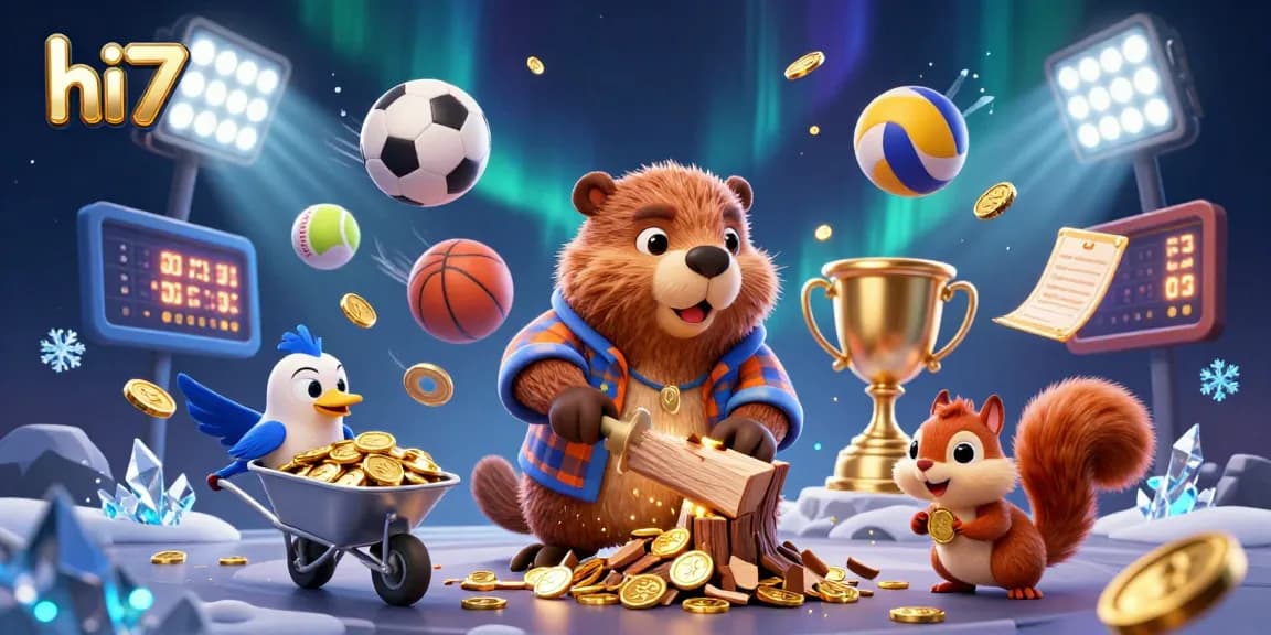 Experience thrilling wins with hi77, featuring lively casino-themed characters celebrating amidst flying coins and sports elements.