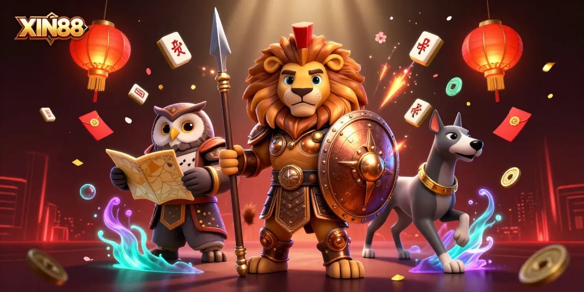 XIN88 showcases a dynamic 3D illustration of a Spartan lion, owl strategist, and greyhound in a rich casino setting.
