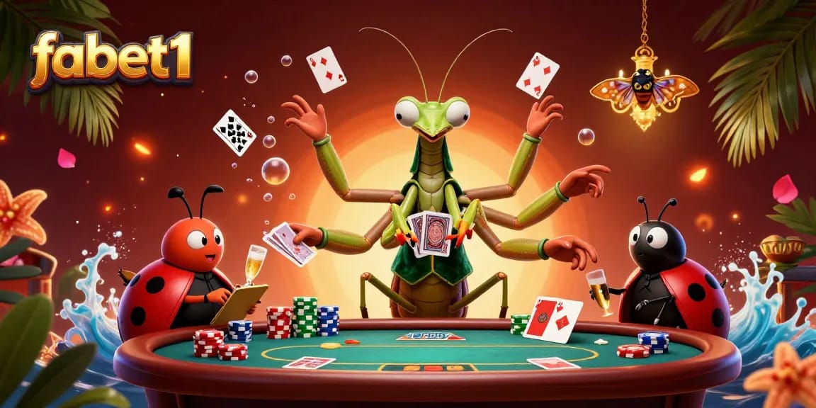 Bet on fabet1 with a lively cartoon scene featuring a giant praying mantis and casino games.