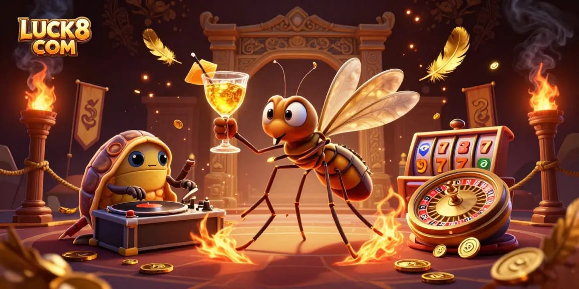 Experience the thrill of LUCK8 COM with captivating casino-themed characters in a vibrant 3D illustration.