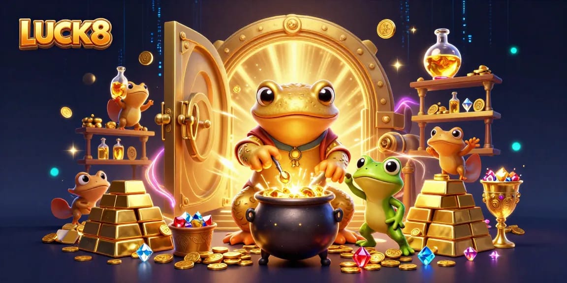 Engage in thrilling gameplay with LUCK8's vibrant casino universe, featuring dynamic gold and treasure elements.