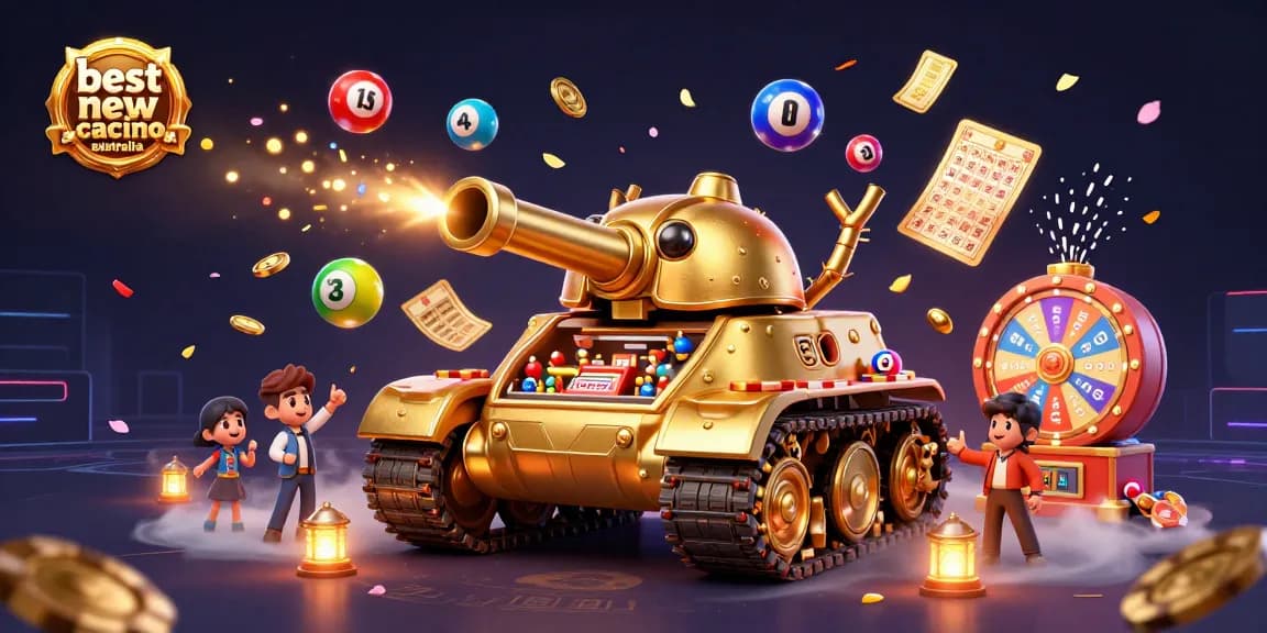 Experience the excitement of the best new online casino Australia with a vibrant 3D illustration of a golden beetle tank casino.