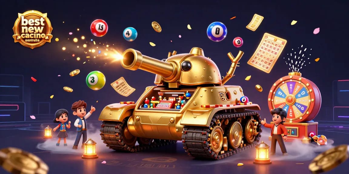 Experience the excitement of the best new online casino Australia with a vibrant 3D illustration of a golden beetle tank casino.