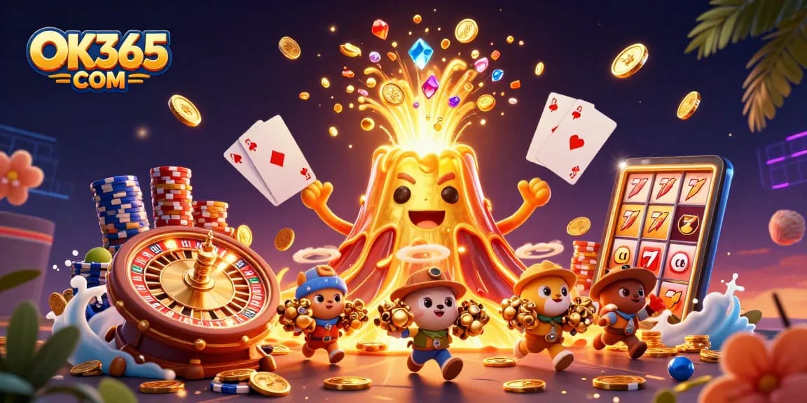 Experience the thrilling excitement of OK365 COM with vibrant casino elements and treasures flying everywhere.