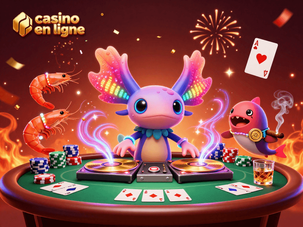Jouer au casino en ligne avec une ambiance festive, DJ axolotl et éléments de poker colorés
