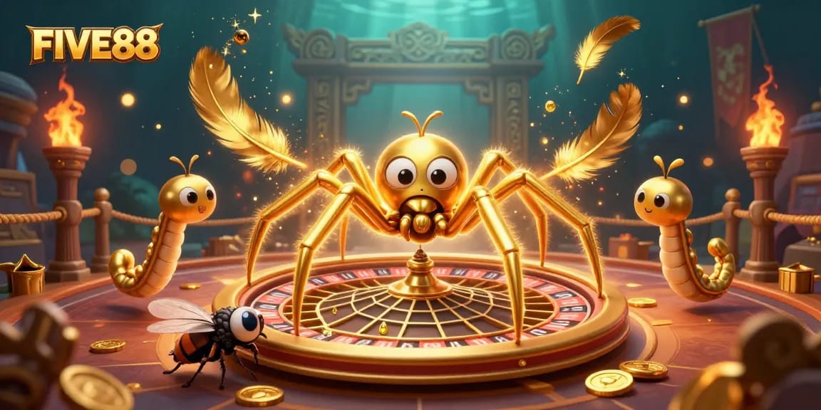 Experience FIVE88's vibrant casino scene with a golden spider and centipede dealer for entrancing entertainment.