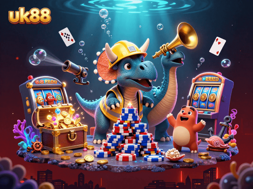 Experience the thrill of uk88 with a vibrant 3D illustration of a triceratops building poker chips alongside celebrating dinos.