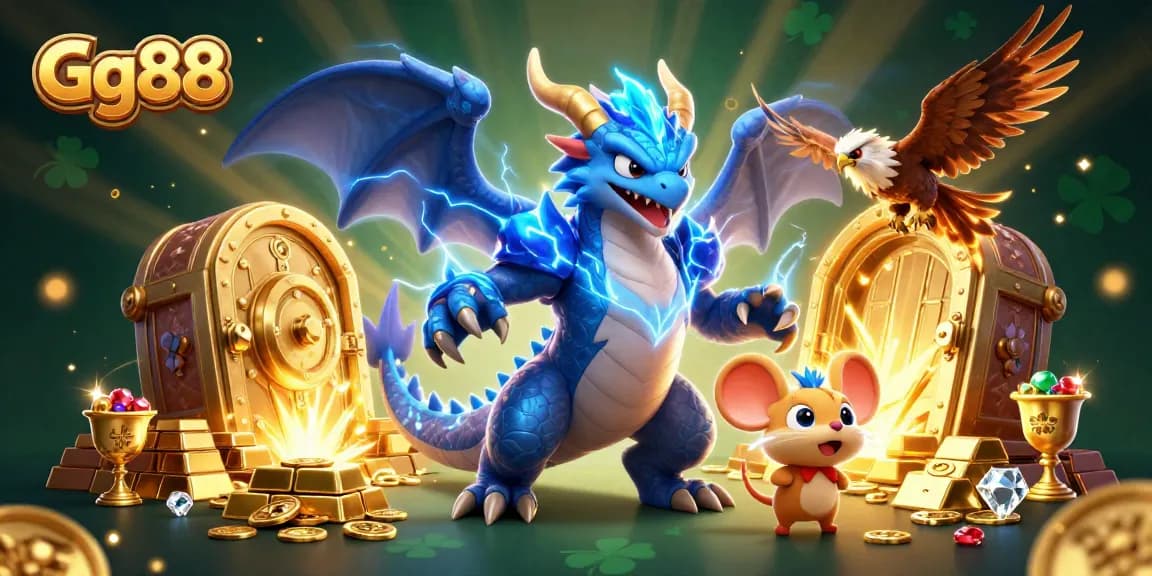 Experience thrilling wins at Gg88 with 3D dragon and treasure-filled excitement in an electrifying casino setting.