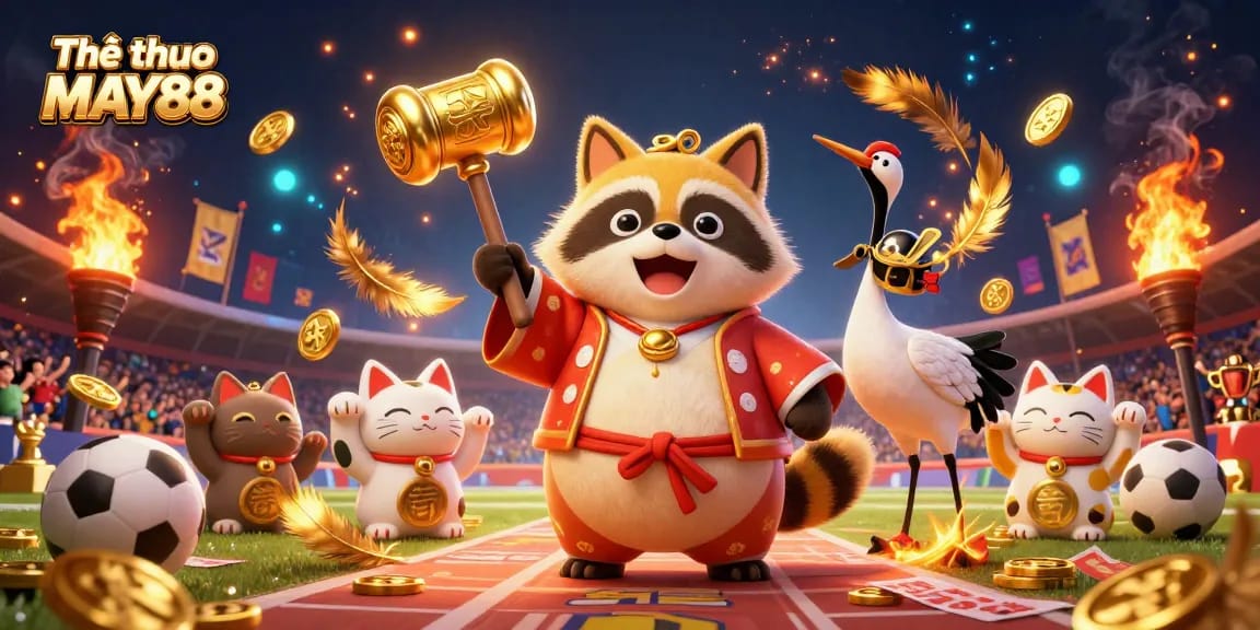Place bets at Thể thao MAY88 with vibrant 3D characters celebrating sports betting.