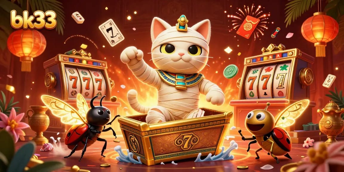 Experience the excitement of bk33 with mummy cat and glowing companions in a vibrant casino scene.