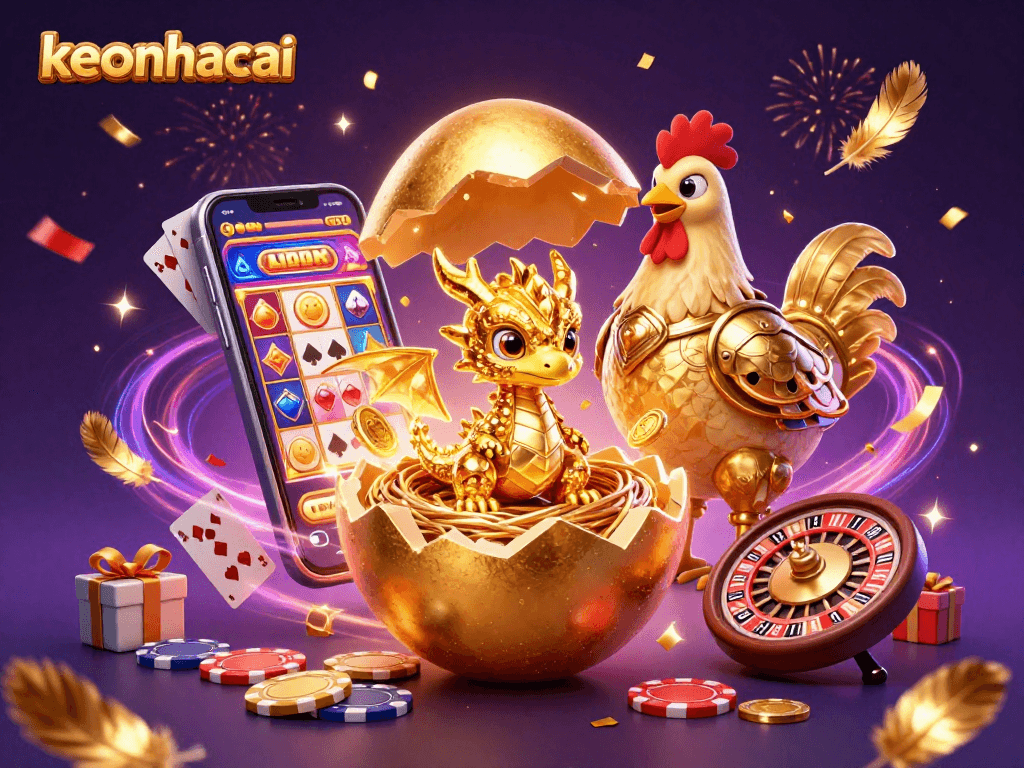 Experience the excitement of keonhacai with a golden dragon in a dynamic casino scene.