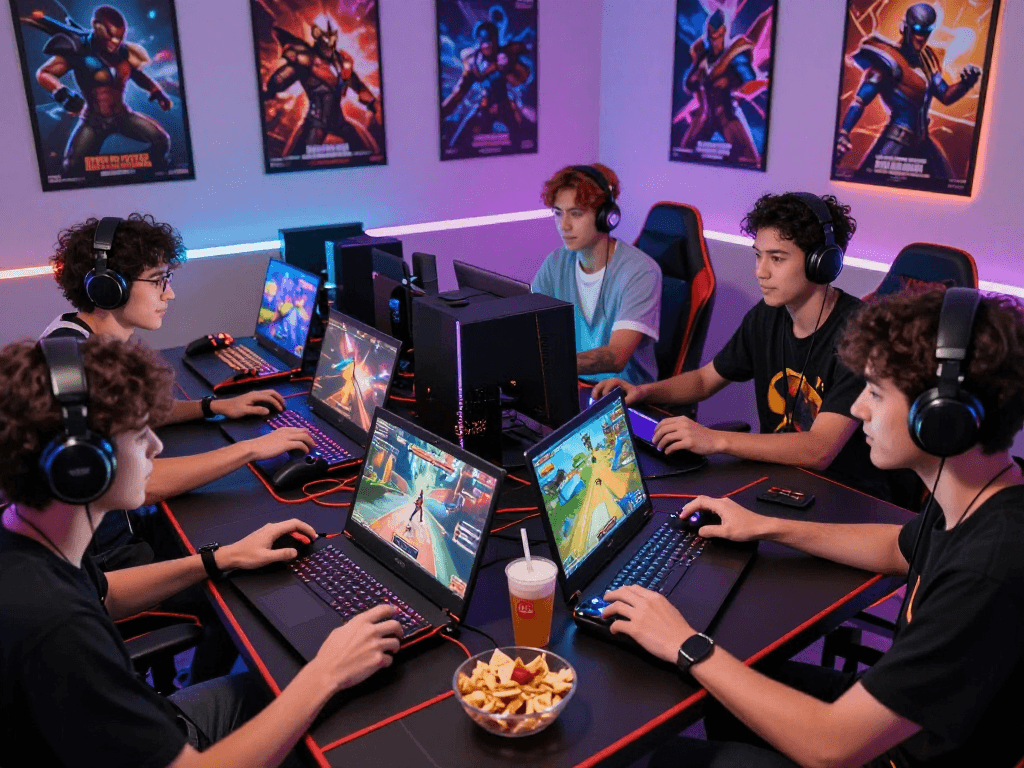 Group of friends enjoying popular porn games online with vibrant screens and engaging atmosphere.