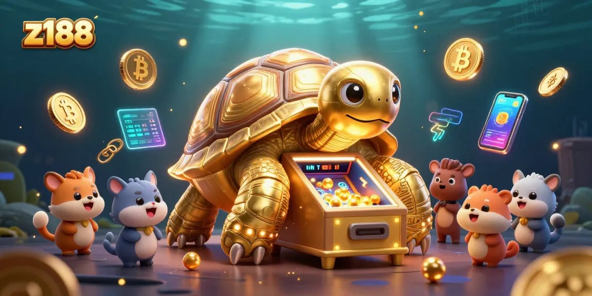 Engage with thrilling z188 casino experience featuring a colossal golden tortoise and colorful crypto elements.