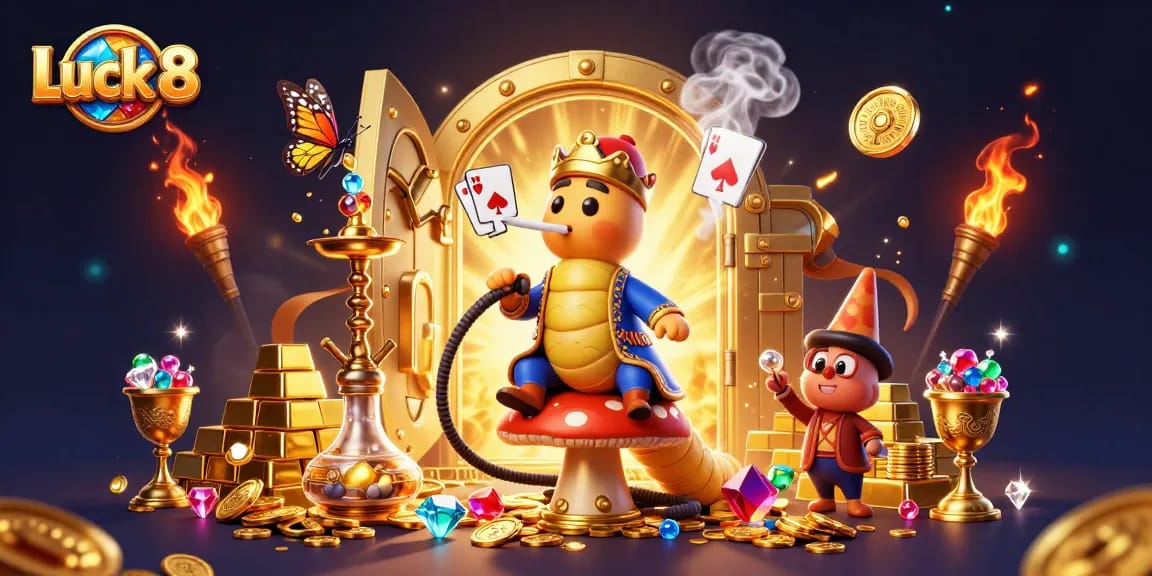 Engage with Luck 8 through a vibrant, rich fantasy casino scene illustrating the adventure of gaming.