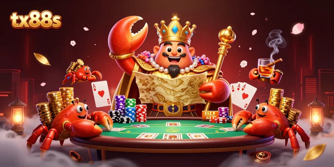 Engage with tx88s' dazzling crab emperor amidst poker stakes, glowing chips, and vibrant casino elements.