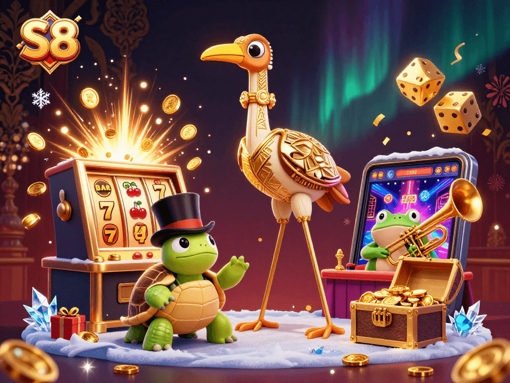 Spin the slot machines and win big at S8's stunning casino illustrated scene.