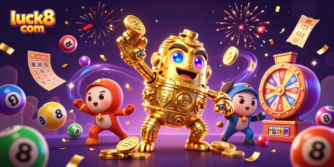 Experience luck8 com with vibrant gaming energy as colorful lottery elements explode around a golden golem.